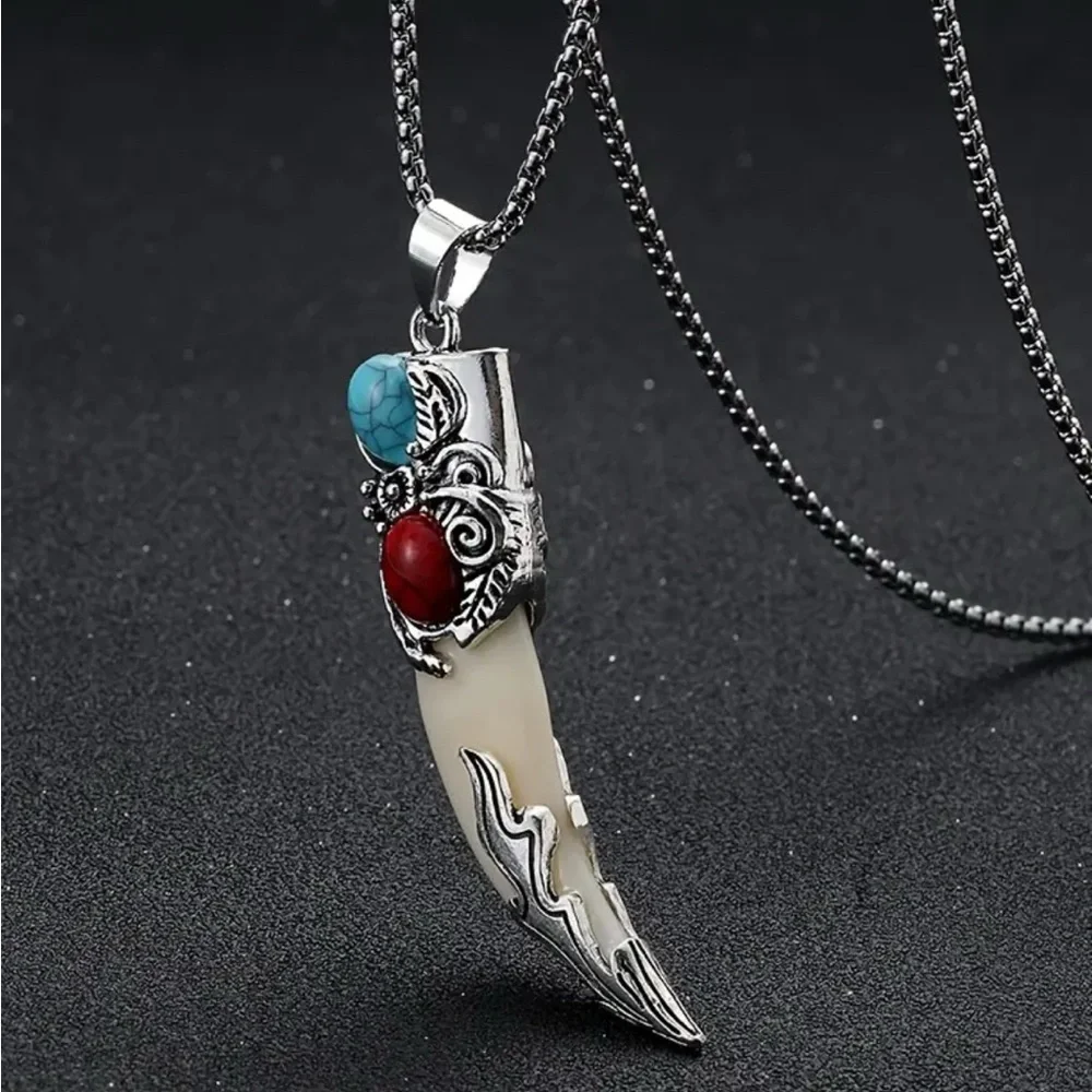 Silver Pendant Necklace with Red and Blue Accents.